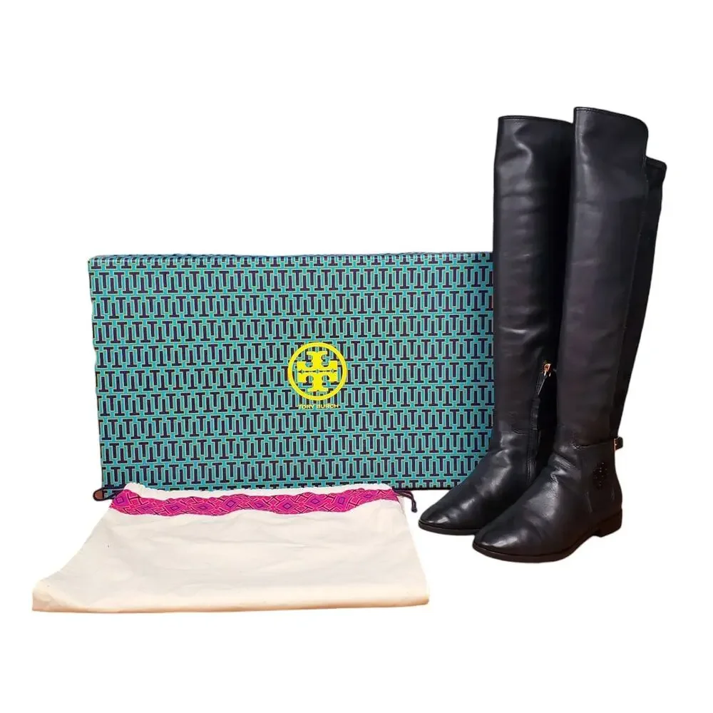 Tory Burch Wyatt Over The Knee Riding Boots Leather Black Logo 40791 Size 7